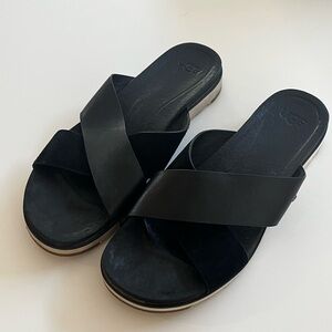 UGG Women's Black Slide Sandals- crossed straps.